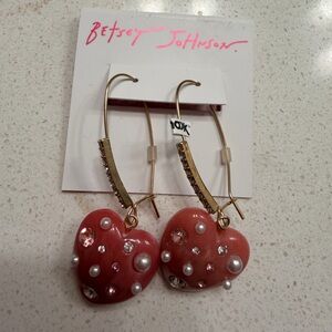 Betsey Johnson Pink Heart Earrings with Pearls and Crystals